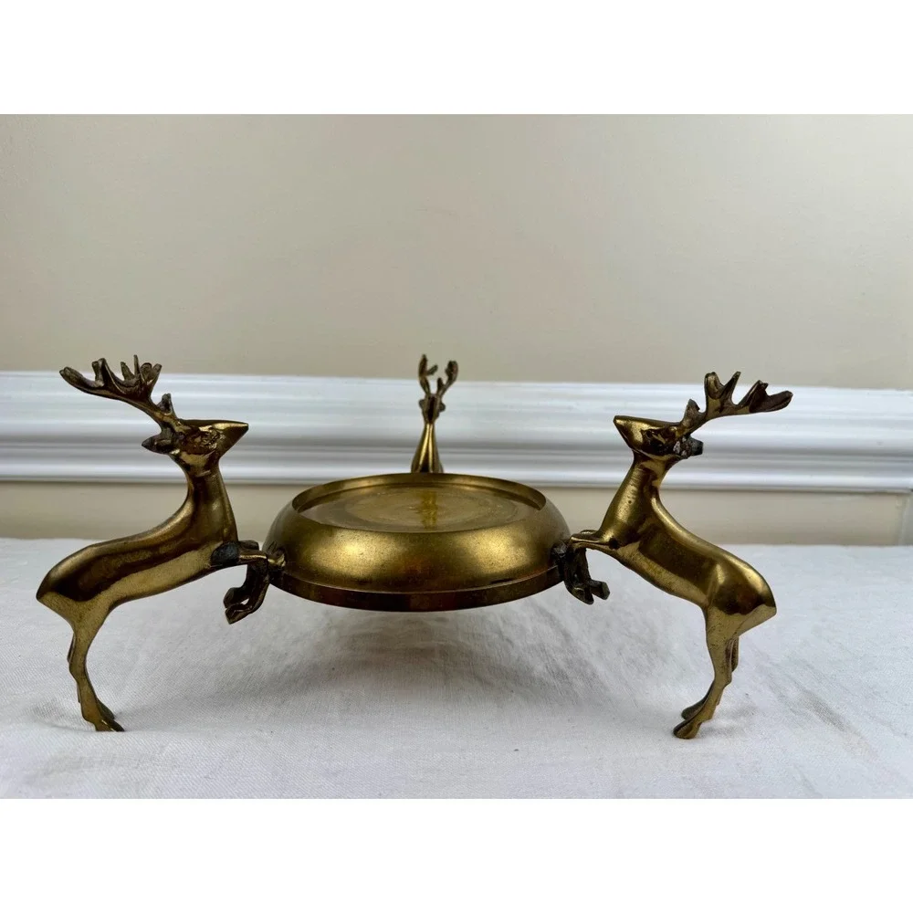 Vintage Brass 3 Stag Deer Reindeer Pillar Candle Holder 10.5in w Cabincore Boho